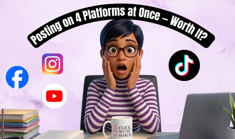 YouTube thumbnail sample with cartoon avatar and social media icons titled Posting on 4 Platforms at