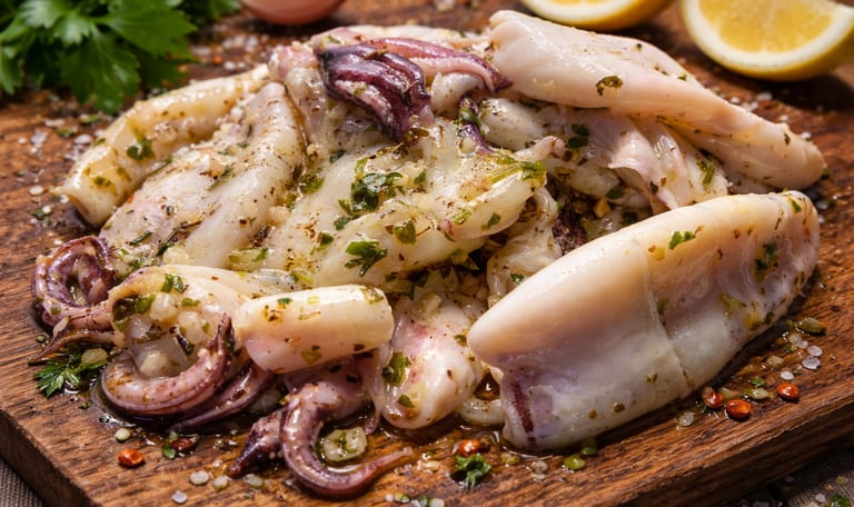 Fresh raw squid marinated with garlic, herbs, and lemon on a rustic wooden cutting board.