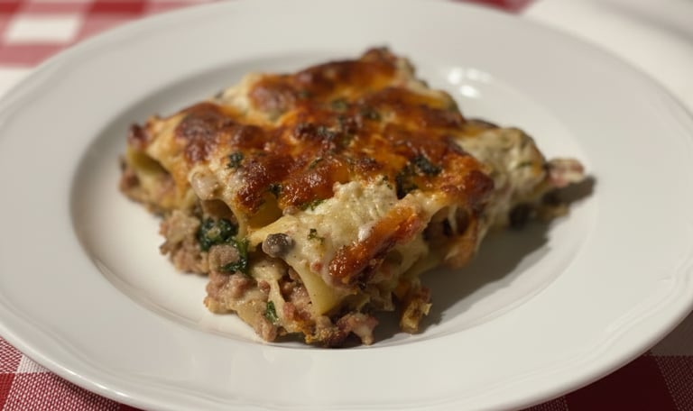Baked cannelloni pasta with melted cheese and meat sauce on a white plate with a red checkered tablecloth.