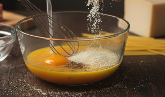 Adding grated cheese and pepper to egg yolks in a glass bowl for authentic pasta carbonara sauce.