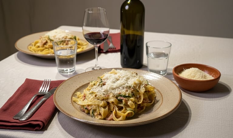 Fresh fettuccine pasta with zucchini and parmesan cheese served with red wine.