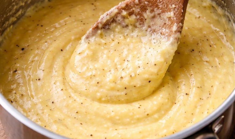 A wooden spoon stirring creamy parmesan polenta in a stainless steel saucepan.