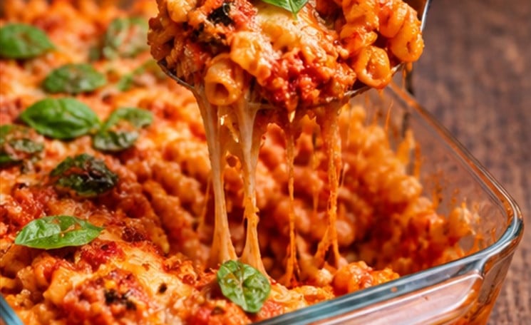 Cheesy baked pasta casserole with tomato sauce and fresh basil in a glass baking dish.