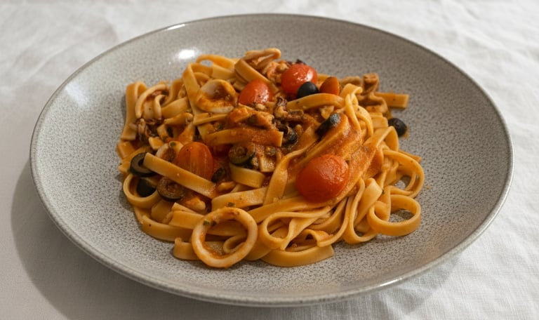 Seafood fettuccine pasta with calamari, cherry tomatoes, and black olives in a savory red sauce.