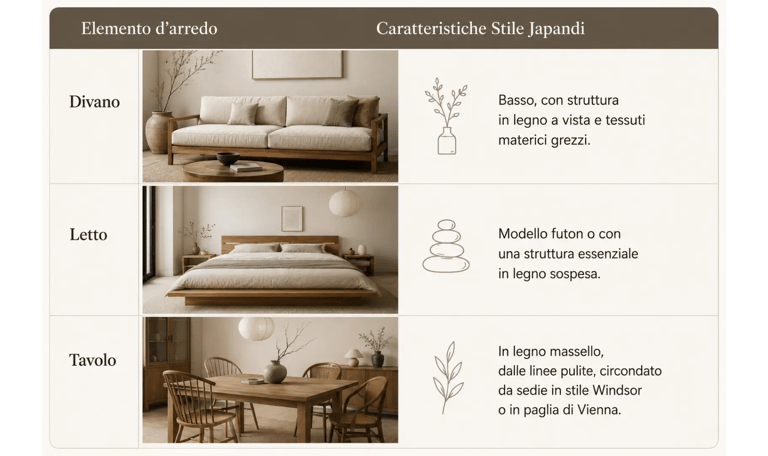 Tabella elementi d'arredo e caratteristiche dello stile Japandi