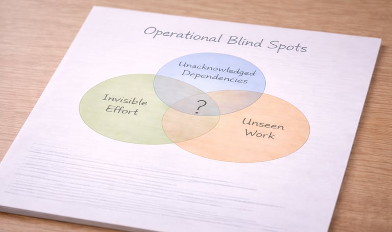 Diagram showing operational blind spots such as unseen work and invisible effort.