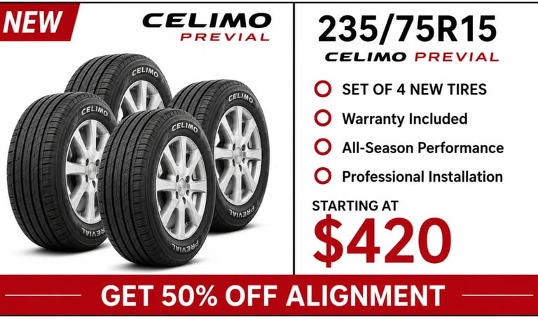 235/75R15 Celimo Previal new tire set available at Fast Tire Shop in Los Angeles. Set of 4 all-seaso