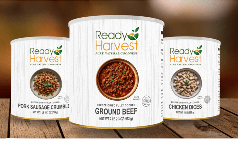 ready harvest freeze dried pork sausage, ground beef and chicken dices in cans