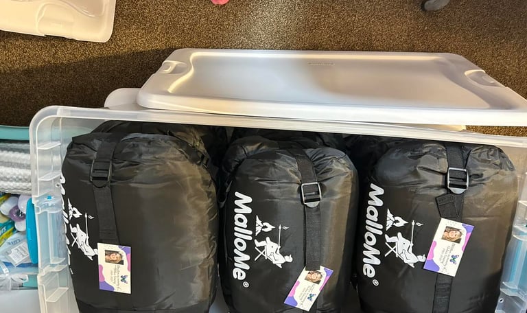 Sleeping bags in a clear toto