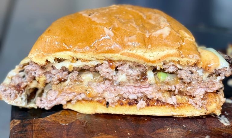 Big Bac Burger from Slap Yo Self BBQ featuring double grilled beef patties, melted cheese, special s