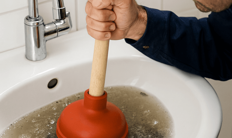 a man in a blue shirt is holding a plunger