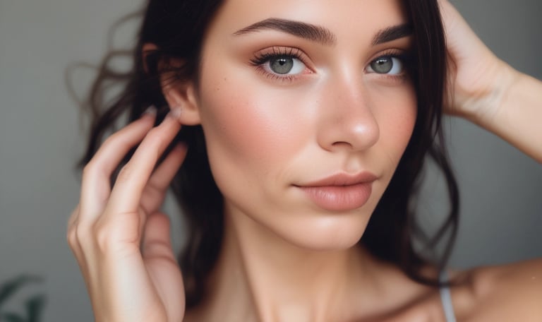 Portrait of a woman with natural makeup and clear skin showcasing professional eyebrow shaping and lash lift.