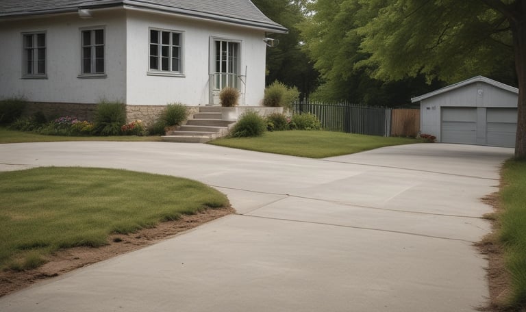 A cozy concrete patio with comfortable seating and potted plants, set against a blue background.