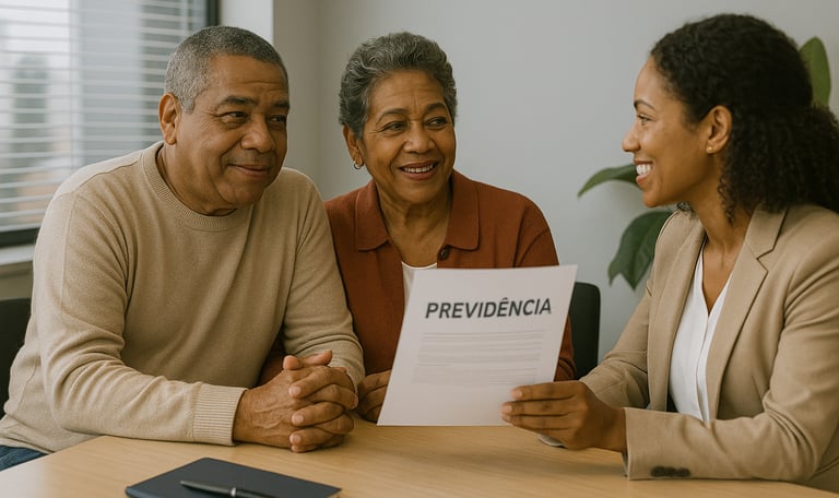 Casal em reunião de escritório com consultora, recebendo documento de previdência