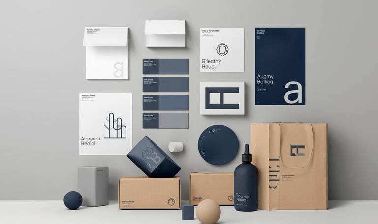 Mockup de identidad de marca con papelería, empaques y tarjetas en azul marino y beige.