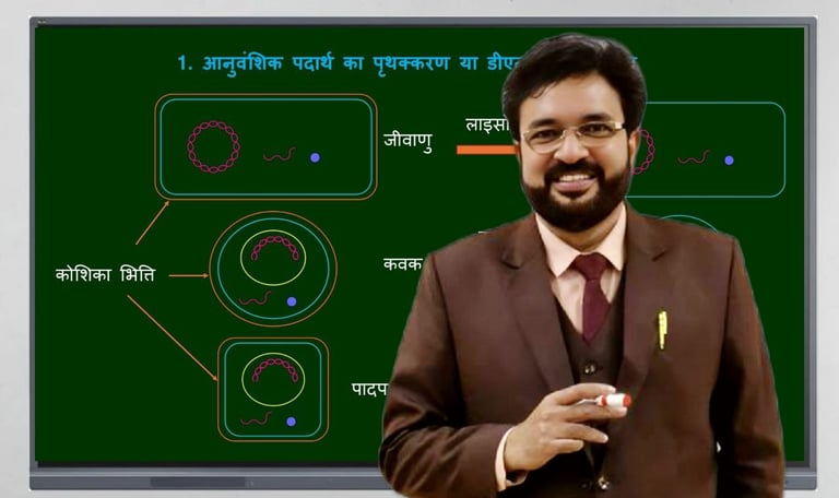 Biology teacher explaining a concept on a digital board in a classroom setting.
