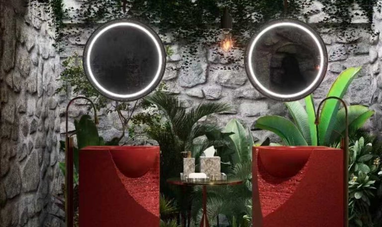 a bathroom with a red chair and a mirror