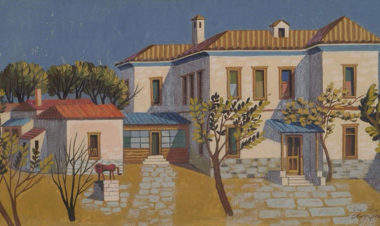 a painting of a house with a horse in the foreground Αγηνωρ Αστεριαδης