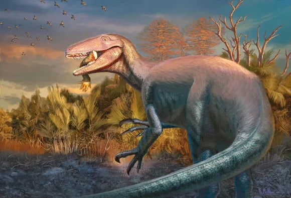 Reconstrução artística do Joaquinraptor com sua refeição de crocodilo. (Andrew McAfee, Museu Carnegi