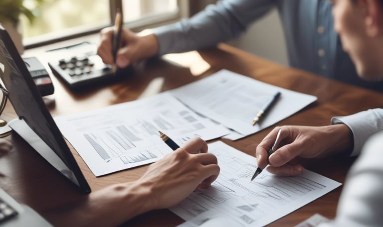 A hand holding a smartphone displaying a financial website, with information including market watch and stocks data visible on the screen. The background is a textured wooden surface.