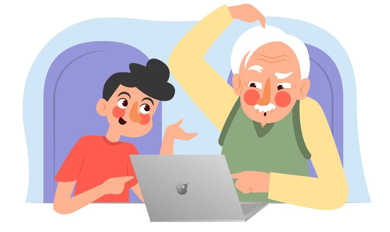 a man and woman sitting at a laptop computer