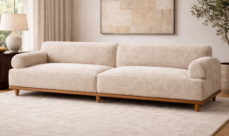 Custom tailored sofa with rounded arms in a warm neutral living room by Solo Home Decor