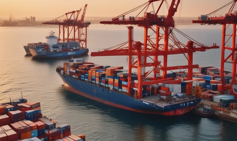 A complex structure of large, colorful water slides intertwined around tall metal supports. The slides are predominantly blue, green, yellow, and red, and are part of a water park station. The ground is covered with lush green grass, and there is an overcast sky in the background.