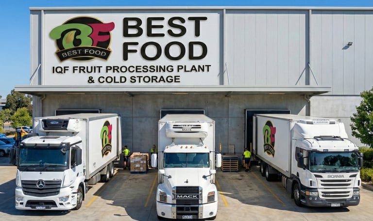 Planta de procesamiento y almacén frigorífico Best Food en Chile con flota de camiones de cadena de frío