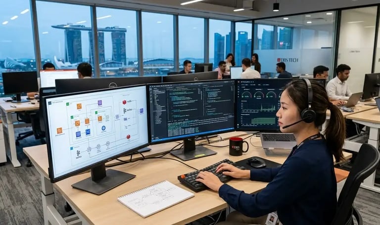 Backend engineer working on cloud infrastructure, APIs, and database systems in a Singapore technology office.
