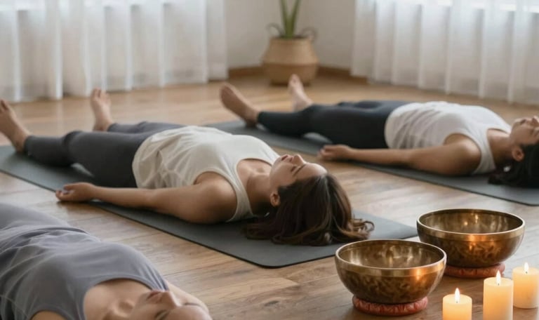 A small group practicing yoga on mats in a sun-dappled forest clearing with mountain peaks in the distance.