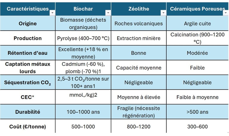 Tableau comparatif des matériaux : Biochar, Zéolithe et Céramiques Poreuses
