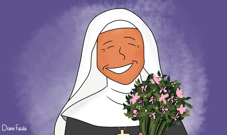 a nun. Soeur religieuse avec sourire et fleurs. By Diane Mulolo Faida