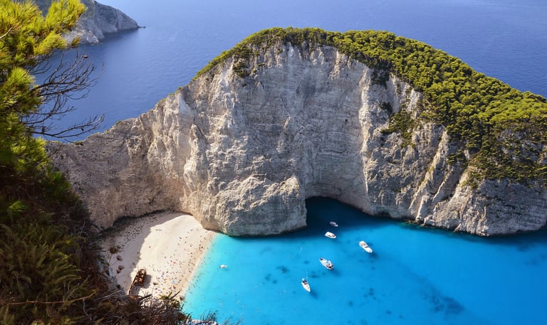 Zakynthos beach with blue waters and cliffs