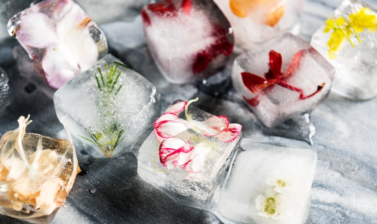 Cubes de glace fleuris, utilisés pour des rituels poétiques de dispersion symbolique des cendres.