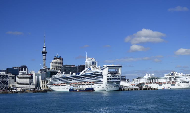 Auckland skyline with two cruise ships docked