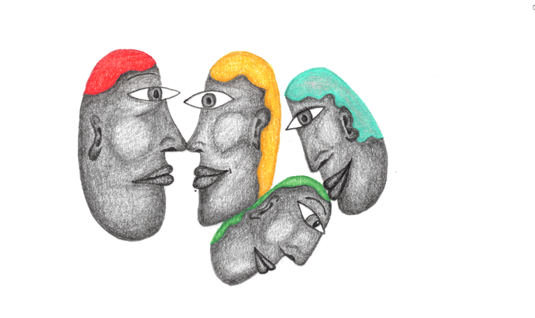 a drawing of a group of four faces with colored hairs
