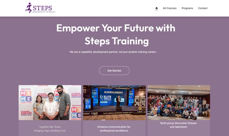 a website page with a picture of a woman in a purple shirt