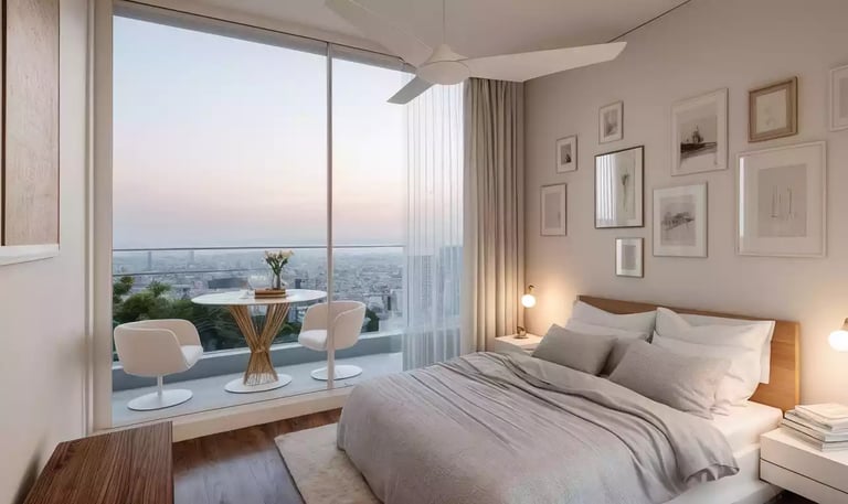 render de alcoba minimalista tonos claros