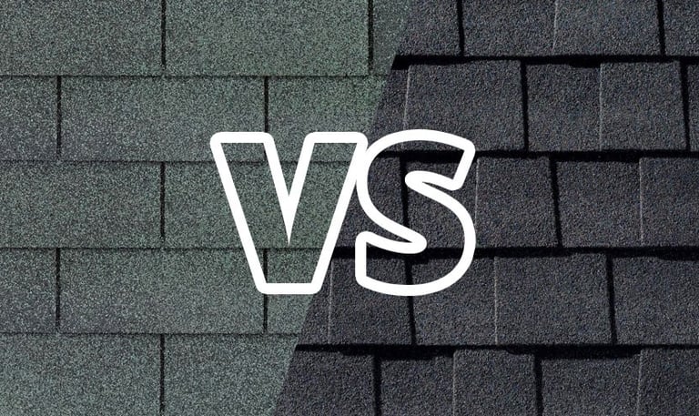 Side-by-side view of regular and architectural roof shingle on a shed built in Halifax, Massachusetts for enhanced protection