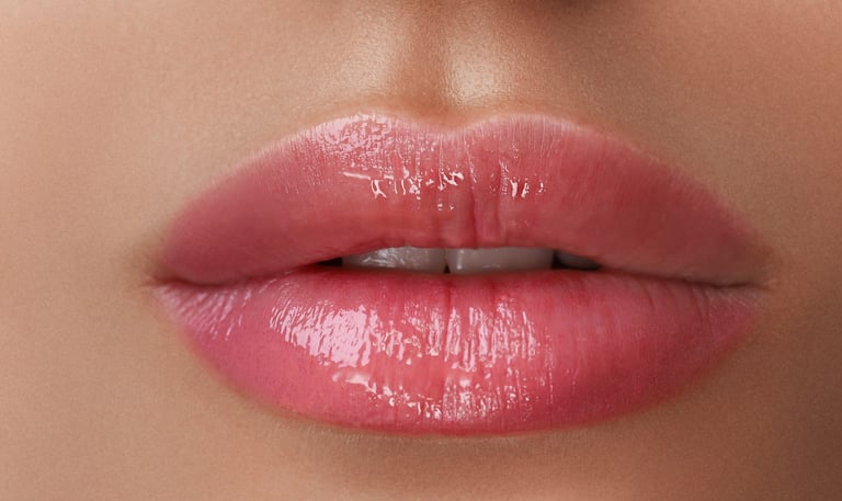 Close-up of beautiful lip blush tattoo on a client's lips, showing a soft pink tint and def