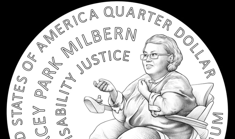 Screenshot of Stacey on the US Quarter. Her hand is facing upwards as she is speaking, her wheelchair is displayed.
