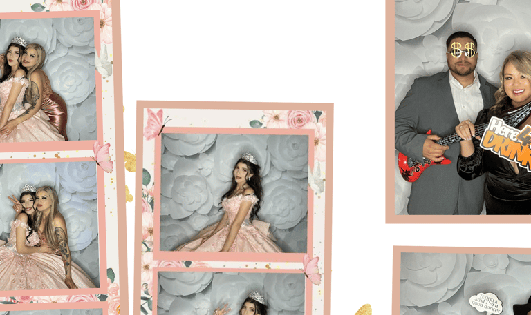 a pink Quince dress with a quince using a Photo Booth taking a Photo Booth picture