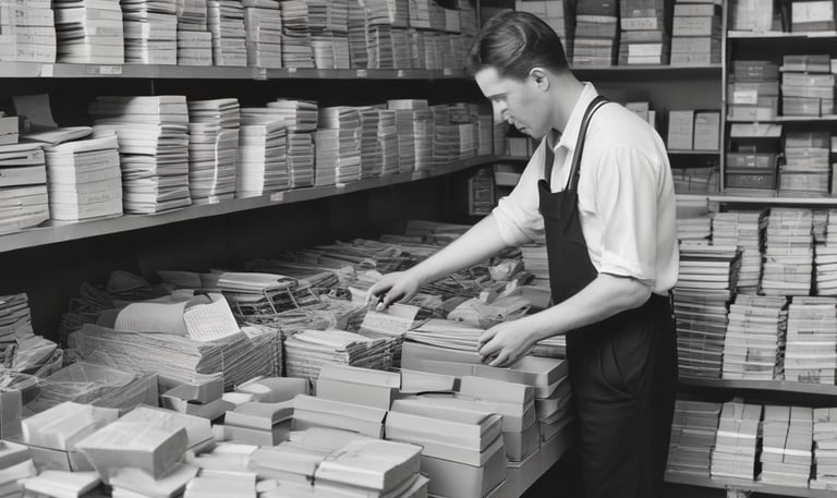 A person is carrying a large, heavily wrapped parcel on their back, using both hands to support it. The scene is captured in black and white, with a vehicle visible in the background, indicating an outdoor setting.