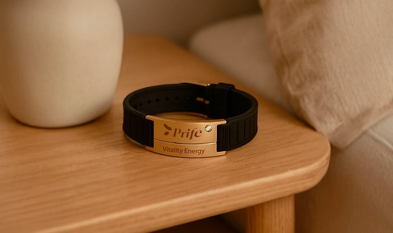 Brazalete Vitality negro sobre una mesa de noche