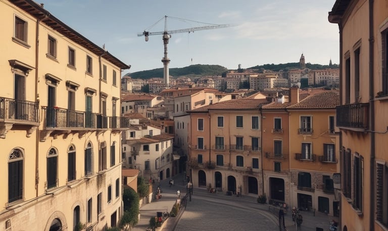 A large advertisement painted on the side of a building promotes painting your property regularly to save money, showing a rustic house silhouette. To the left, a construction site with a demolition crane indicates possible urban development. Shipping containers and a rooftop are visible, suggesting an industrial area.