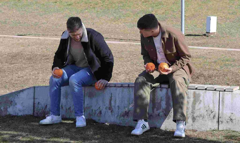 du jauni vyrai kalbasi sededami ant suoliuko lauke