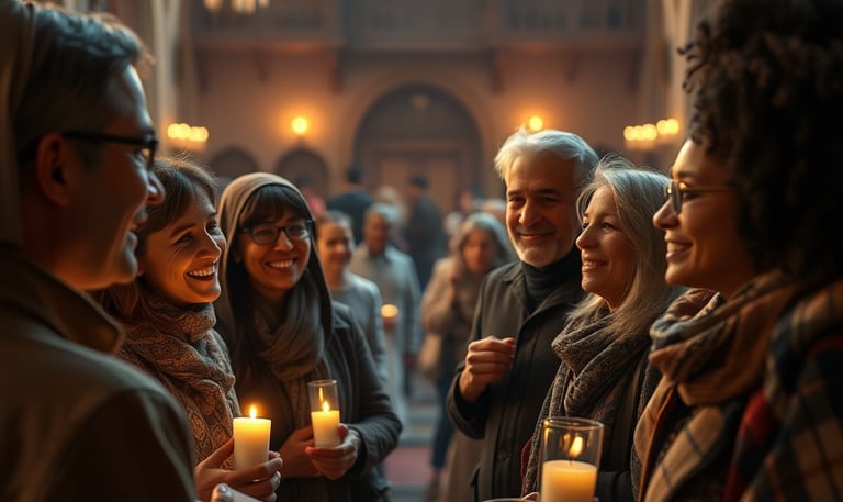 un groupe de personnes tenant des bougies dans une église