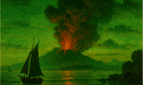Erupção do Krakatoa com céu verde e barcos no mar.