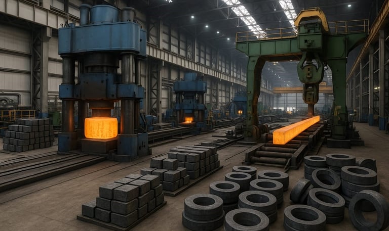 Intérieur d’une aciérie avec des presses industrielles, un lingot chauffé au rouge en cours de forge