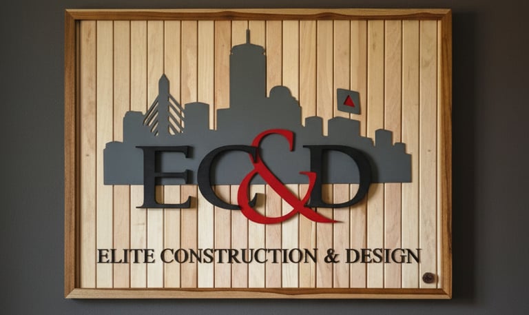 Custom reclaimed wood business sign for Elite Construction & Design (EC&D) with CNC engraved element